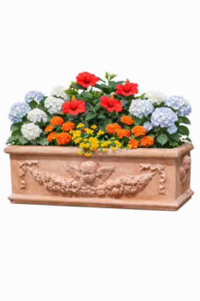 Pflanzkasten mit Putten und Ranken aus Impruneta Terracotta – klassische Eleganz in toskanischer Handwerkskunst